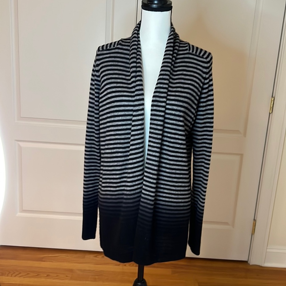 Theory pure cashmere grey / black stripe shawl roll neck cardigan sweater